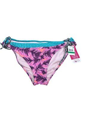 Hula Honey Large Pink Teal Palm Leaf Side Tie Bikini Bottom Boho Cottagecore NWT